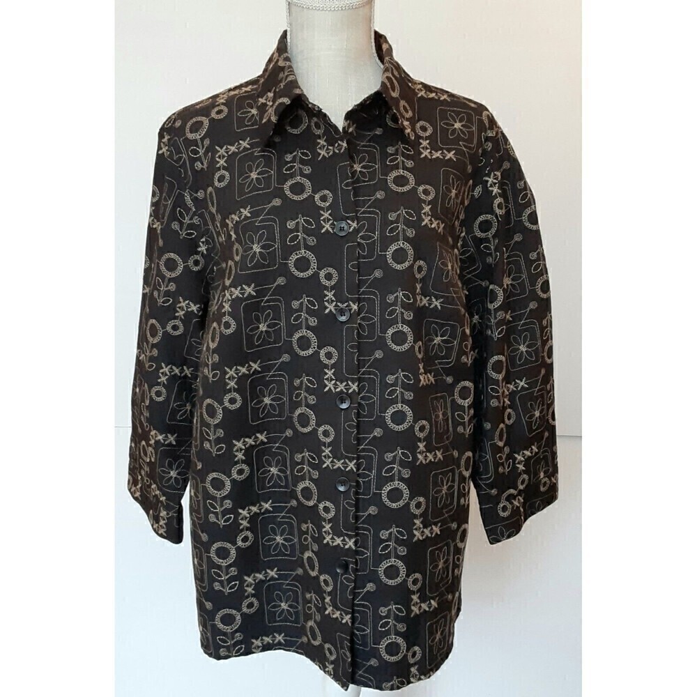 Alfred Dunner Shirt Jacket Black Button Up 3/4 Sleeve Embroidered Women Size 16W